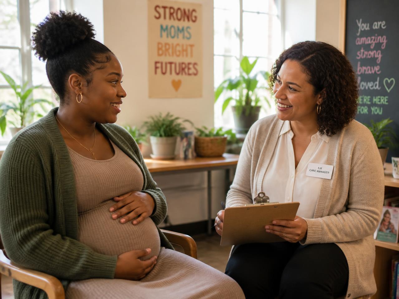 A mother holding her baby while talking with her care manager at home