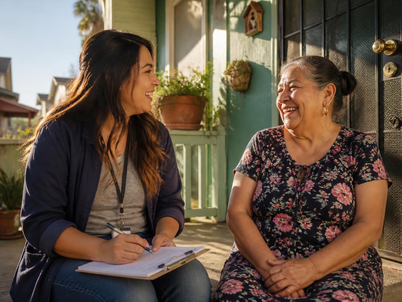 An Atlas care team member sitting and talking with a member on her front porch