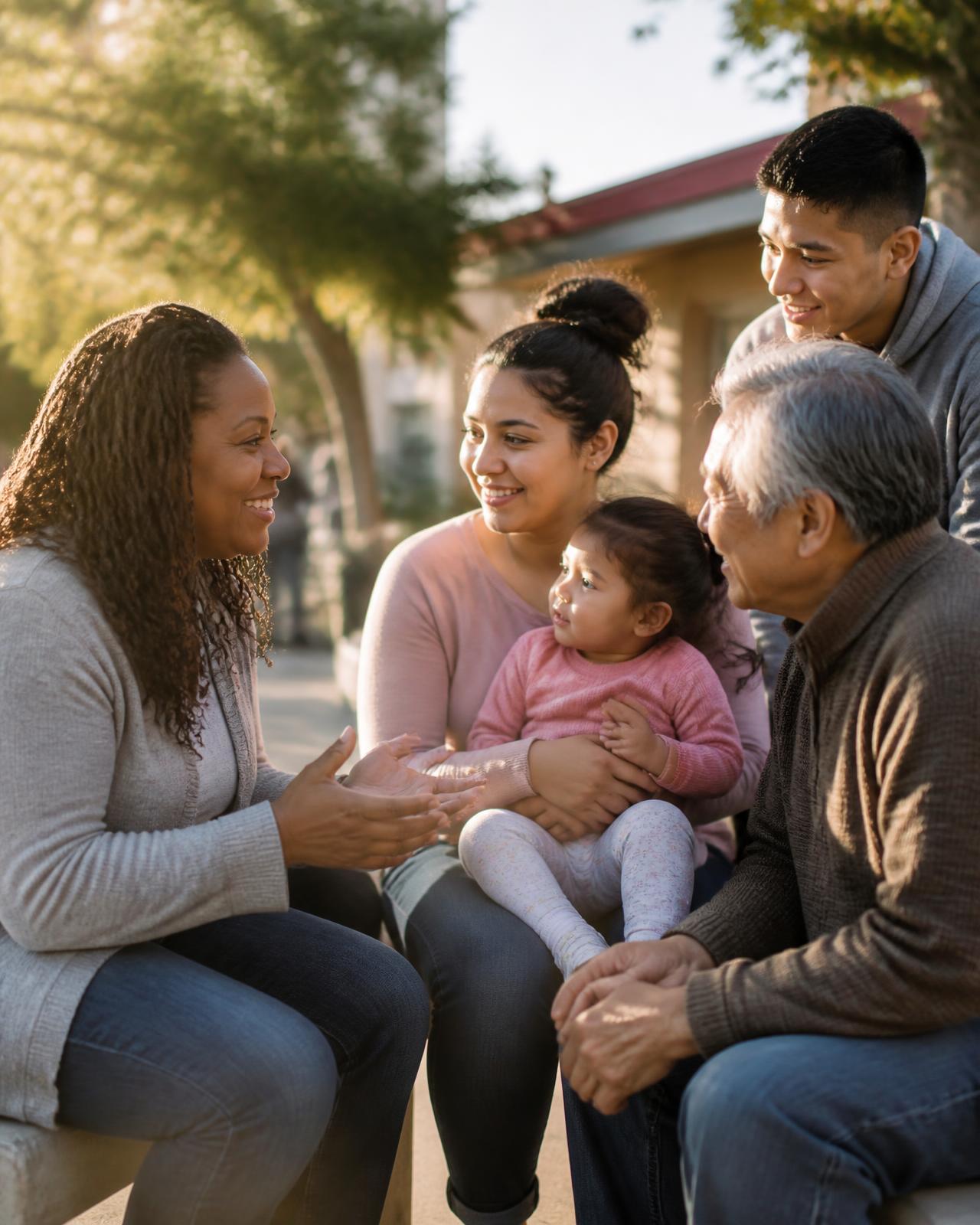 A care manager talking with a family and neighbors outside a community center