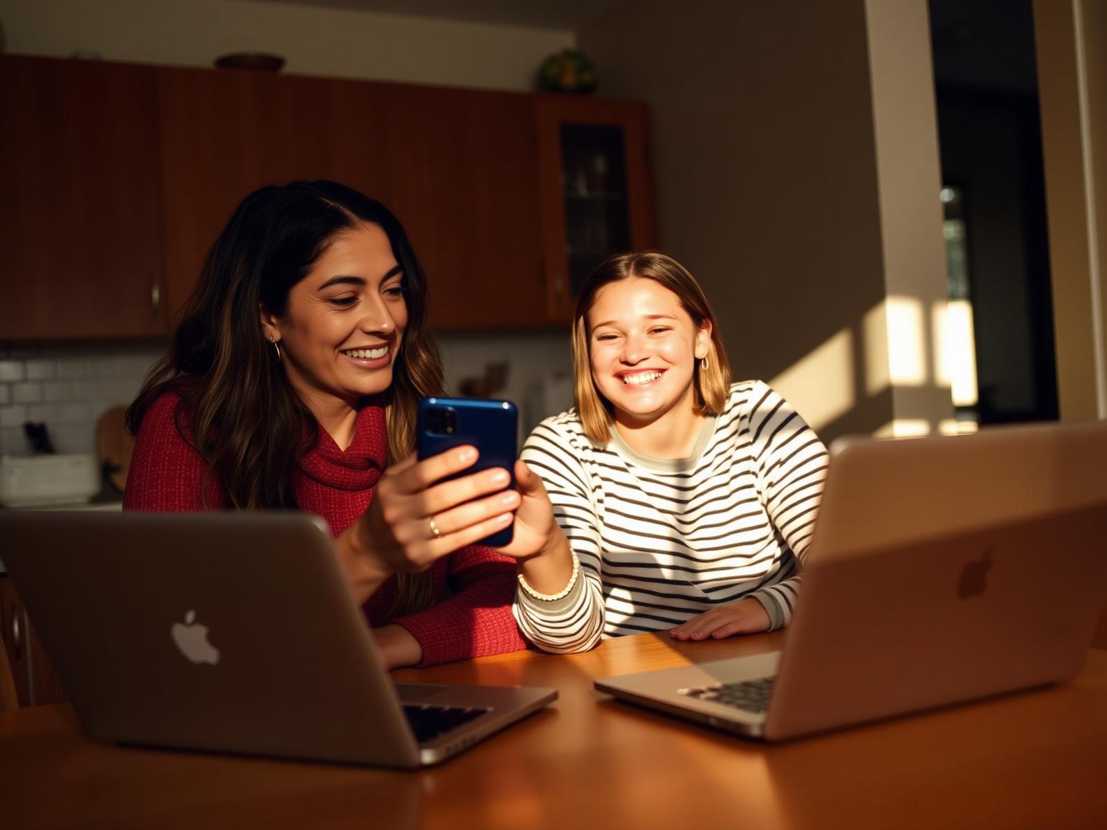 A mother and daughter using a phone and laptop together at home