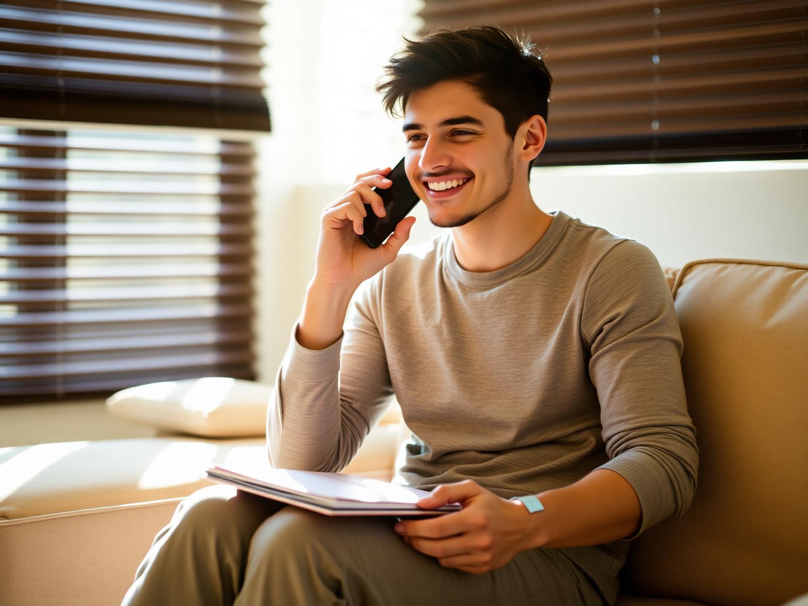 A young man smiling on the phone at home while looking over a printed guide