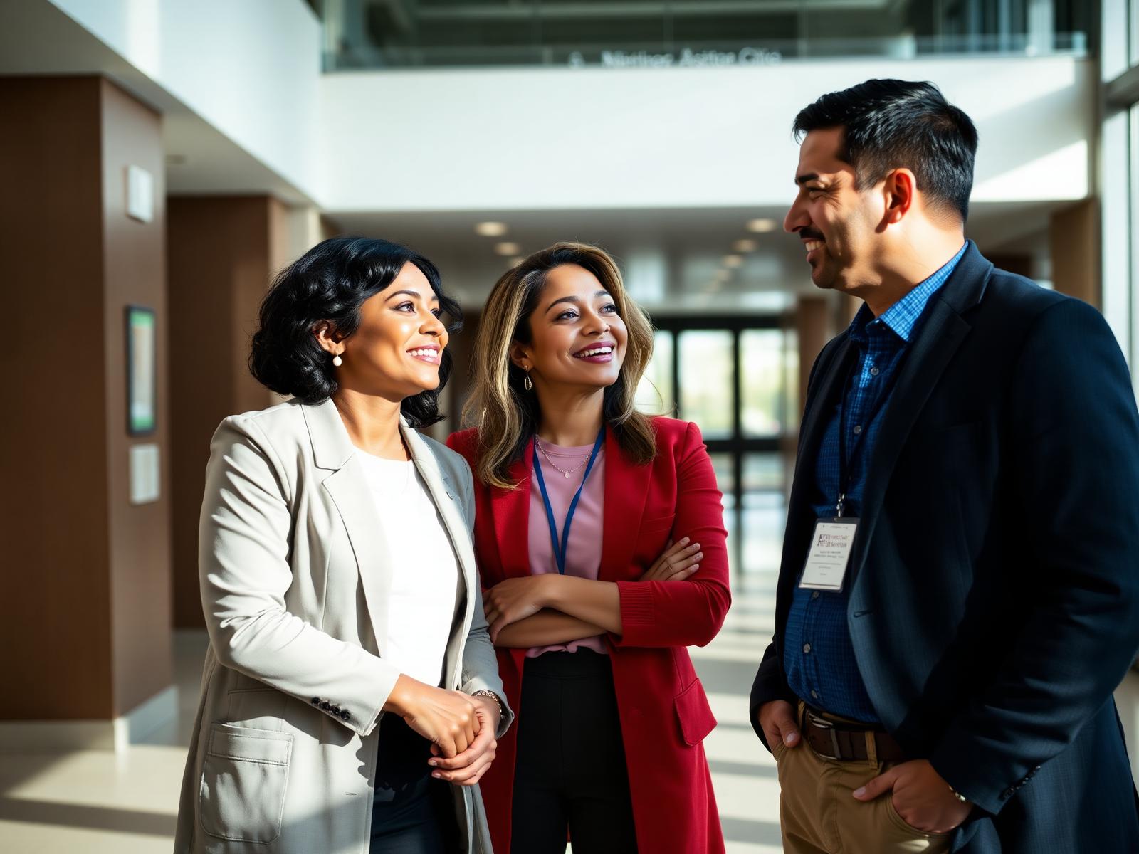 Atlas leaders talking with a colleague in a bright office lobby