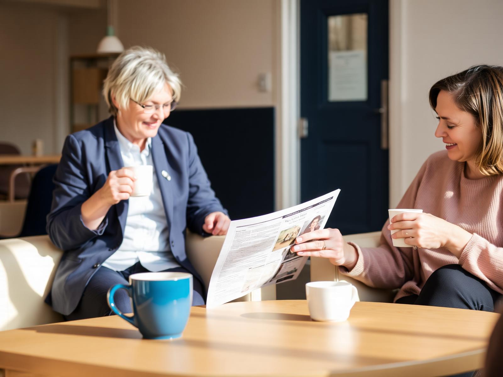 Two colleagues reading an Atlas newsletter together over coffee