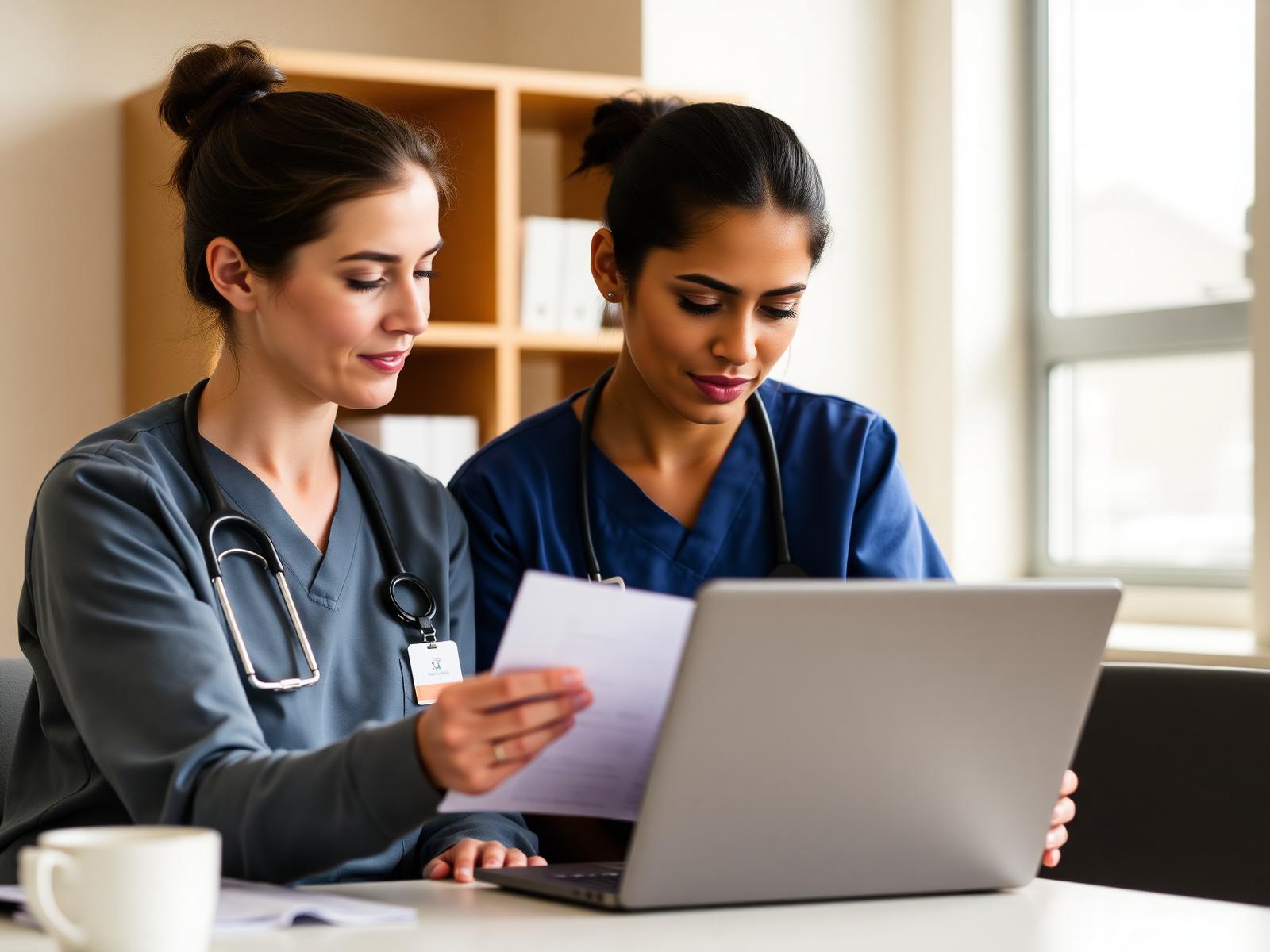Two care team members reviewing member outcomes together on a laptop