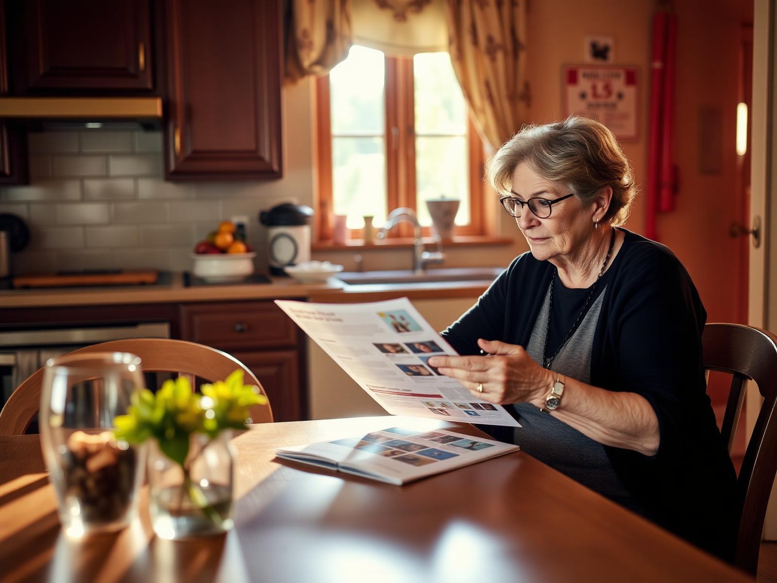 A community health worker reviewing a printed resource guide at a member's kitchen table