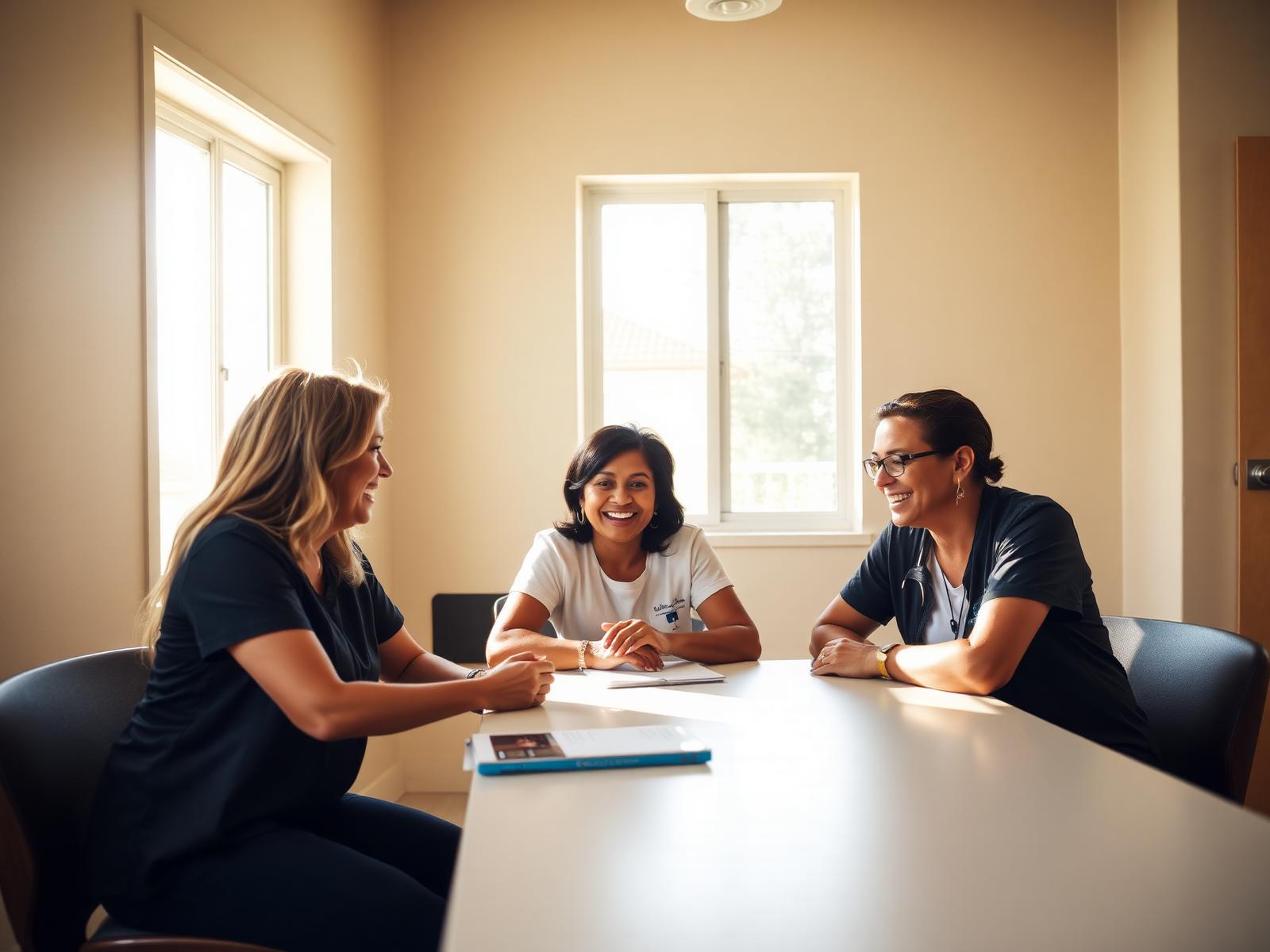 Atlas care team members talking together around a table in a sunlit community room