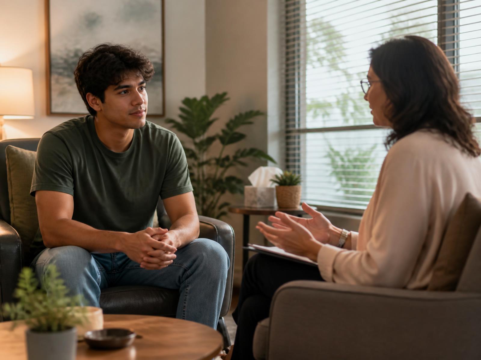 A care worker supporting a member during a calm one-on-one conversation