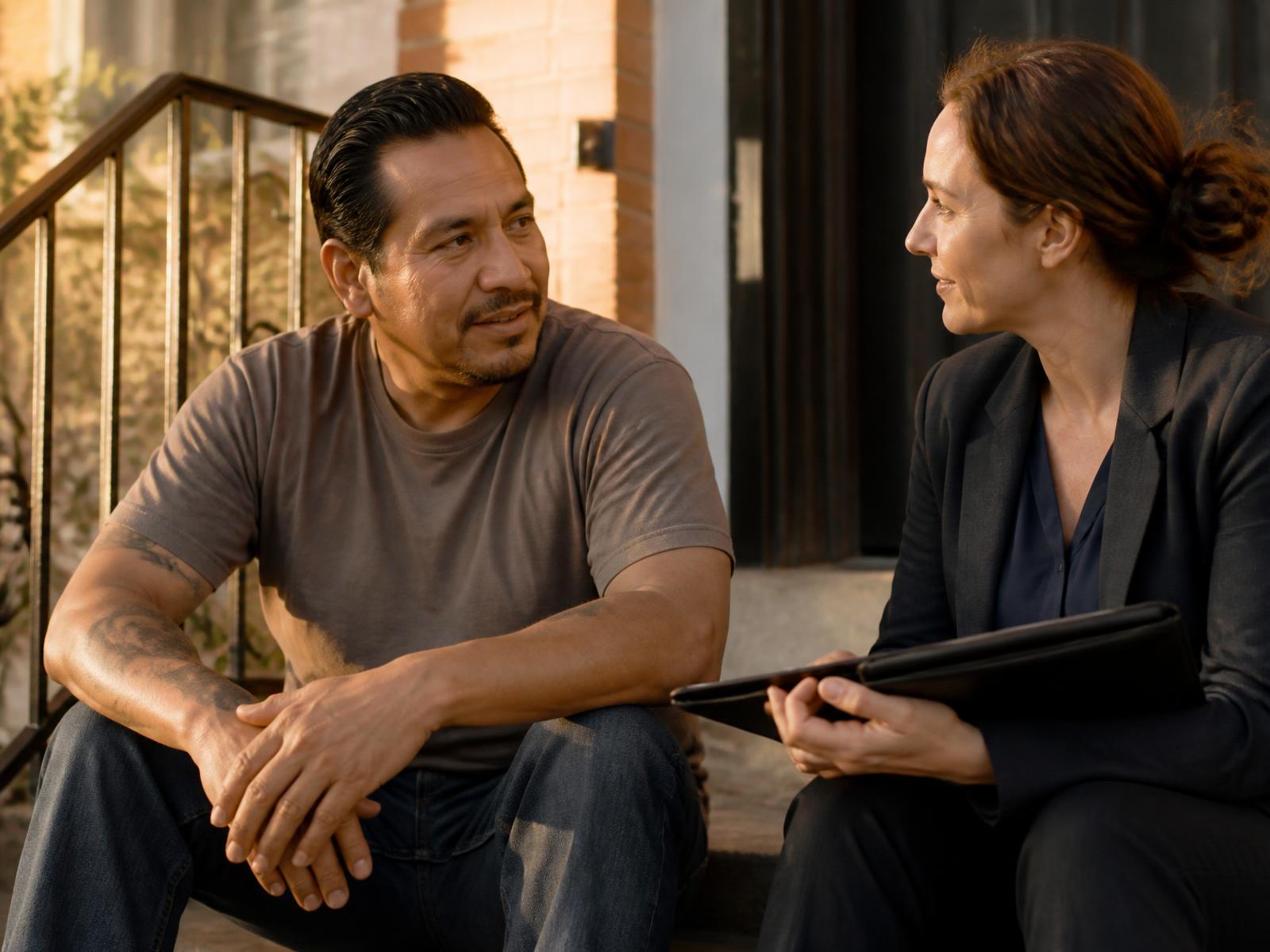 A man talking with an Atlas care manager on the front steps of a home